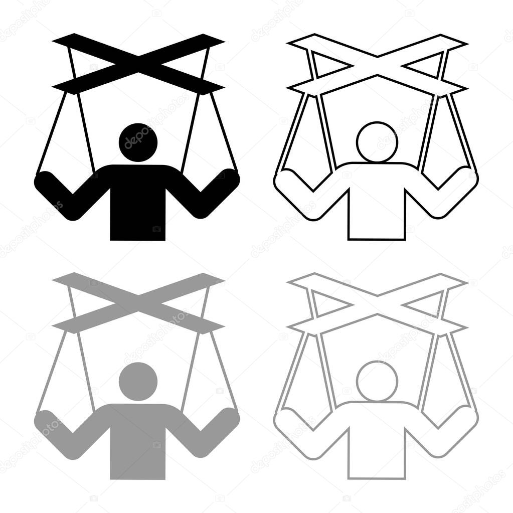 Human manipulation concept Puppet stick man manipulating on string Dependence theme Control people Management executive idea icon outline set black grey color vector illustration flat style image