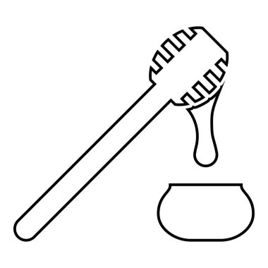 Bal, bal kaşığından çömleğe damlıyor Tahta ve kavanoz sıvı nektar ikonu ile siyah renk vektör çizimi düz resim