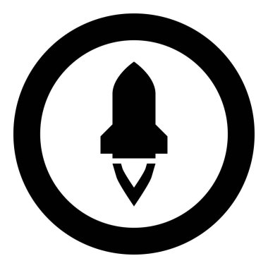 Uçan uzay gemisinde alevli roket uzay keşif silahı konsepti simgesi dairesel siyah renk vektör çizimi düz resim