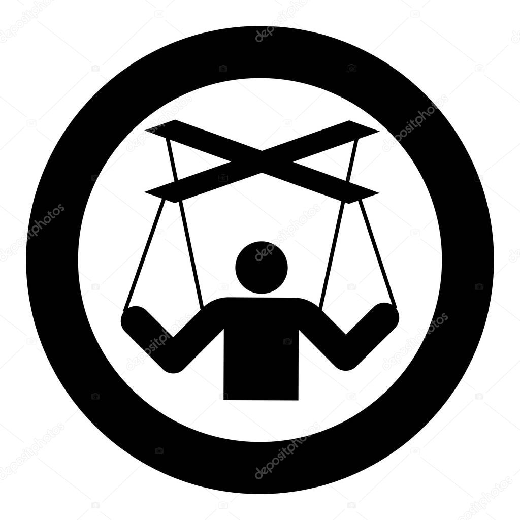 Human manipulation concept Puppet stick man manipulating on string Dependence theme Control people Management executive idea icon in circle round black color vector illustration flat style simple image