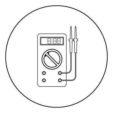 Elektrik göstergelerini ölçmek için dijital çokölçer AC DC voltaj amperaj ohmmetre gücü ve daire şeklindeki siyah renk illüstrasyon düz resim çizgisi çizer