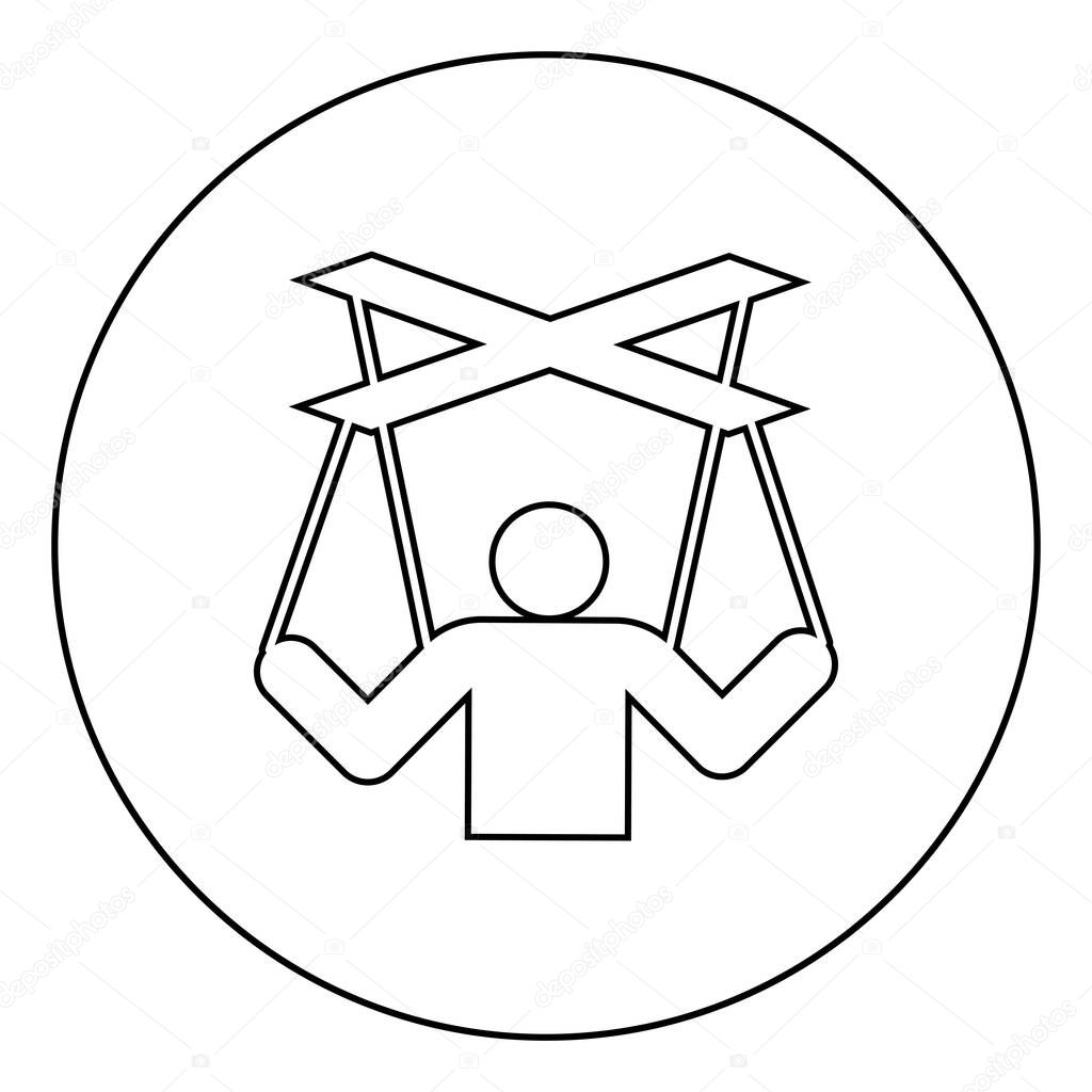 Human manipulation concept Puppet stick man manipulating on string Dependence theme Control people Management executive idea icon in circle round outline black color vector illustration flat style simple image