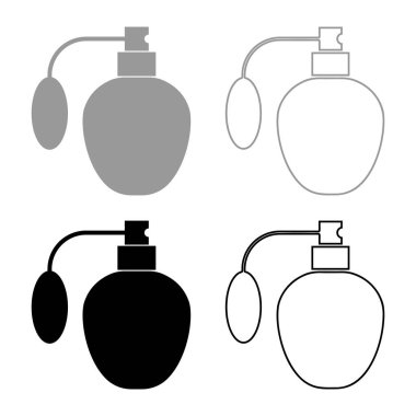 Atomizer ya da sprey pompa ikonu ana hatlı Retro deodorant parfüm şişesi siyah gri renk çizimi düz resim biçimi