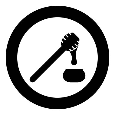 Bal, bal kaşığından çömleğe damlar Tahta ve kavanoz sıvı nektar ikonu yuvarlak siyah renk illüstrasyonunda düz resim