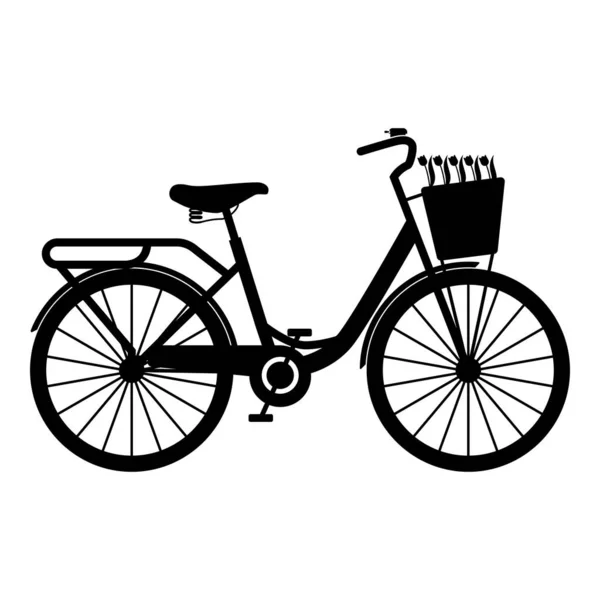 Fiets Met Mand Bloemen Tulpen Pictogram Zwarte Kleur Vector Illustratie — Stockvector