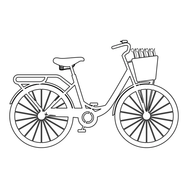 Fiets Met Mand Bloemen Tulpen Pictogram Overzicht Zwart Kleur Vector — Stockvector