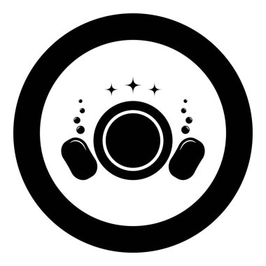 Bulaşık yıkama konsepti Tabak Temizleme Tabak Temizleme Bulaşık süngeri Temiz Mutfak fikri simgesi yuvarlak siyah renk vektör çizimi düz resim biçimi