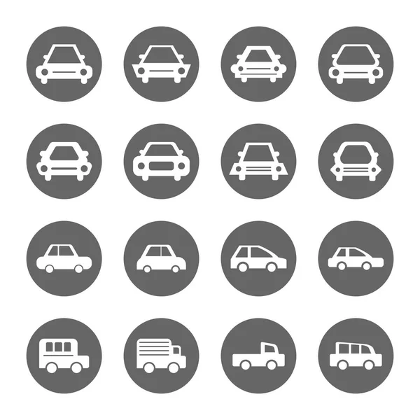 Набор иконок автомобиля, белый на круге серой формы — стоковый вектор