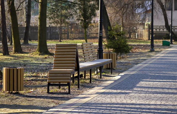 有创意的木制长椅 可在阳光明媚的冬日在公园里休息 — 图库照片