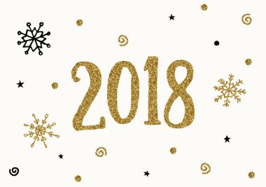 vektör çizim tasarım tipografik yeni yıl tebrik kartı şablonu altın kar taneleri ile. Modern tarzda poster, tebrik kartı, siyah, krem ve altın parlak kartpostal tasarım.