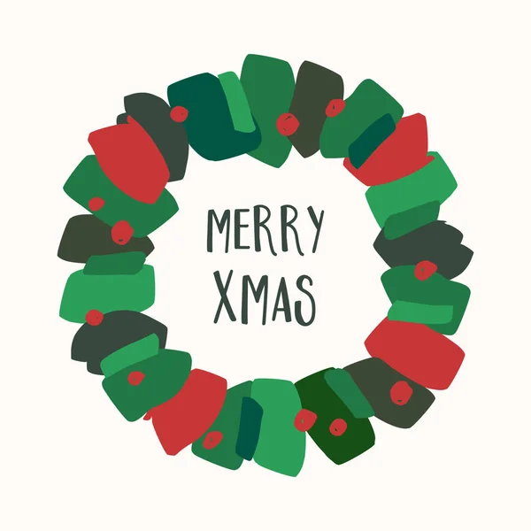 圣诞贺卡模板的矢量插图设计绿色和红色笔触花圈和文本圣诞快乐白色背景 — 图库矢量图片