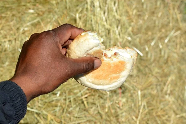 Una Mano Nera Sinistra Uomo Affamato Sudafricano Possesso Panino Bianco Foto Stock