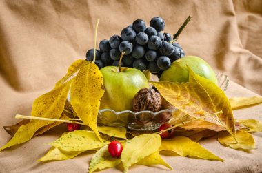 Natürmort hayalarına bir cam levha sonbahar ile elma üzüm ile