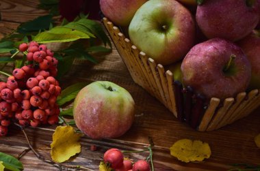 Elma dağ kül, alıç, Sarı yapraklar ve çiçekler çilek tarafından çevrili bir ahşap aranjman