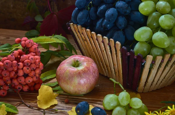 Uvas Vaso Madeira Rodeadas Por Bagas Cinza Montanha Espinheiro Folhas — Fotografia de Stock