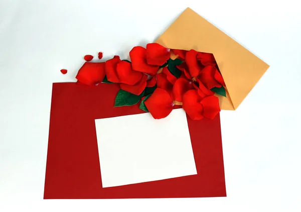 Greeting card with rose petals. Yellow, red, white background — Stock Photo, Image