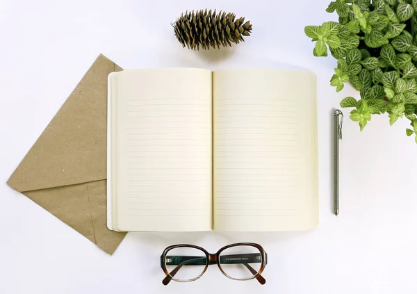 Anteckningsbok för arbetande anteckningar, Glasögon, penna. — Stockfoto