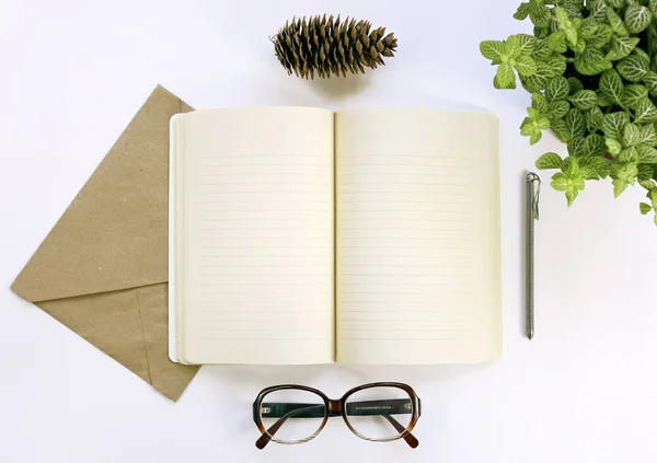 Notizbuch für Notizen, Brille, Stift. — Stockfoto