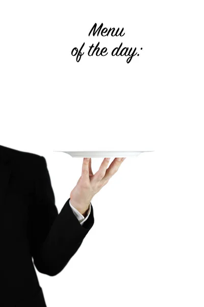  el içinde tepsi. Günün menüsü. Gri arka planı 