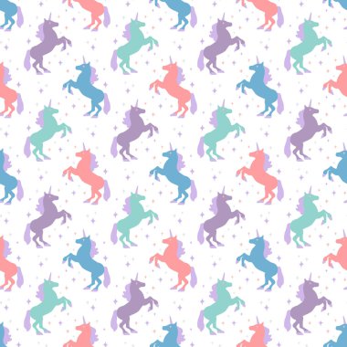 Tek boynuzlu at siluet ile Seamless modeli. Vektör çizim. Şirin sihirli arka plan. Fantezi duvar kağıdı