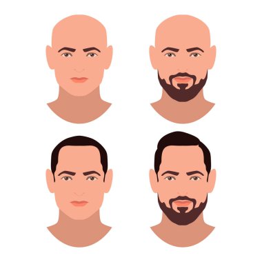 Sevimli güzel genç çocuklar çeşitli saç stili ve sakal ile karşı karşıya. Esmer erkekler. Avatarlar kümesi. Vektör toplama