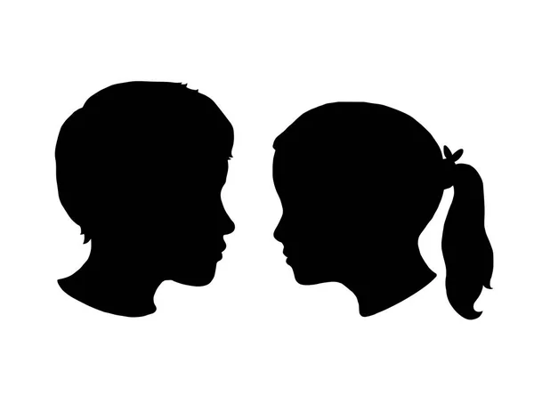 白い背景の上の男の子と女の子のシルエット。ベクトルの黒い顔の輪郭 — ストックベクタ