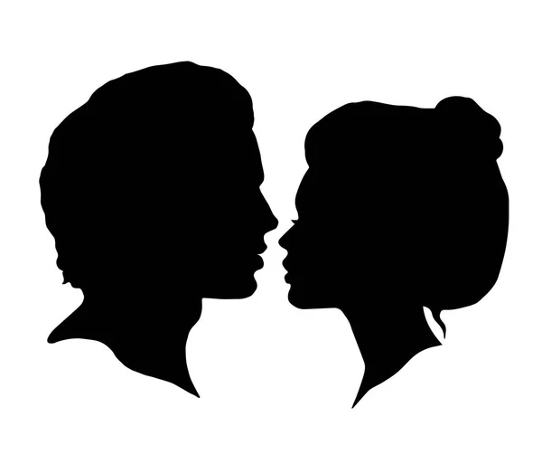 Silhuetas de homem e mulher em um fundo branco. Perfis de faces pretas em vector. Casal beijo —  Vetores de Stock