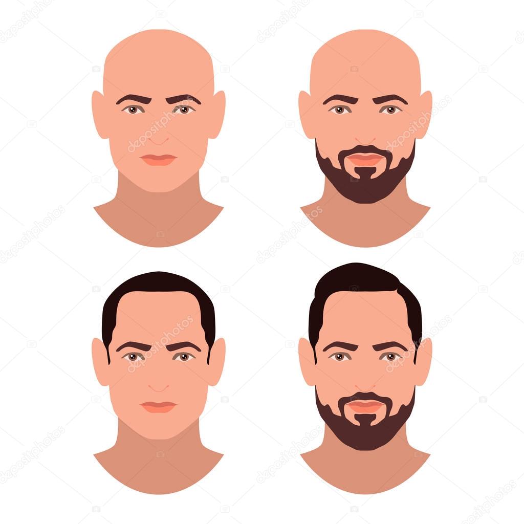 Cute beautiful young boys faces with various hair style and beard. Brunette men. Set of avatars. Vector collection