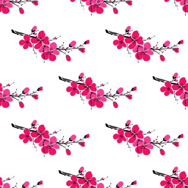 Beyaz arka plan üzerinde izole sakura şubesi ile vektör çizim. Bahar arka plan. Japon kiraz çiçeği. Çiçek açan elma çiçekler. Düğün kartı. Güzel seamless modeli
