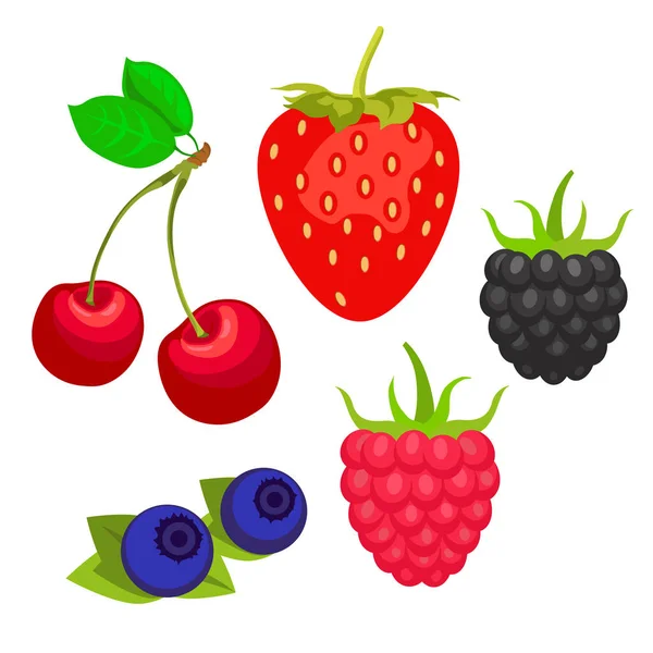 Süße Beeren isoliert auf weißem Hintergrund. Vektorsymbole gesetzt. Illustration mit Erdbeere, Kirsche, Himbeere, Brombeere und Blaubeere — Stockvektor