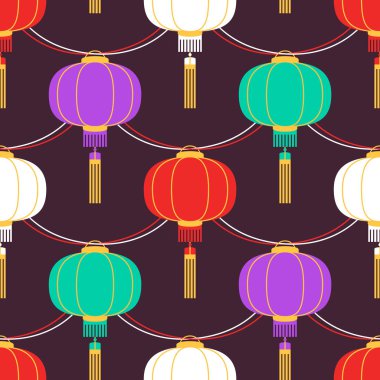 Garland Çin fenerleri ile dairesel şekil renk. Vektör seamless modeli-ebilmek var olmak kullanılmış-tebrik posteri, yeni yıl eğlencesi daveti, kart, zemin, kapak, reklam, satış promosyon, kumaş için yazdırma için kaydırma