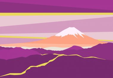 Dağ doruklarına Japonya'da, yatay. Fuji Dağı'nın panoramik akşam manzarası. Vektör çizim