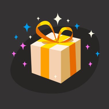 Beyaz hediye kutusu ile bir altın şerit, yay ve siyah bir arka plan üzerinde izole parlak yıldız. İllüstrasyon vektör yeni yıl, yılbaşı, Sevgililer günü ve doğum günü