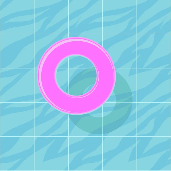 Minimalistic poster with blue water in swimming pool and pink swim ring. Vector colorful summer wallpaper