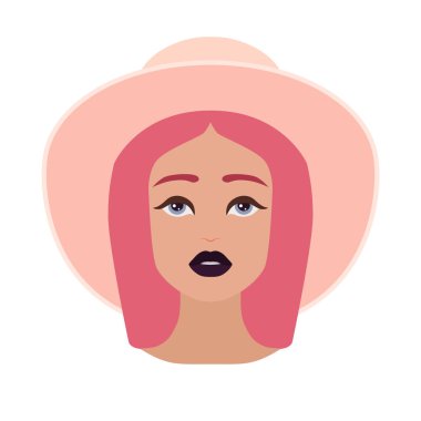 Sevimli güzel genç kız yüzüne bir şapka. Pembe saçlı kadın. Vektör avatar
