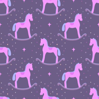 Sevimli pembe vektör sallanan at Menekşe arka plan üzerinde izole. Bebek oyuncak seamless modeli