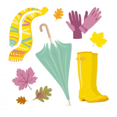 Tasarım konsepti sonbahar aksesuarlar ile. İzole vektör öğeleri kümesi. Tatil poster, yeni yıl eğlencesi daveti, arka plan, zemin, reklam, satış promosyon, t-shirt için yazdırma için kullanılan