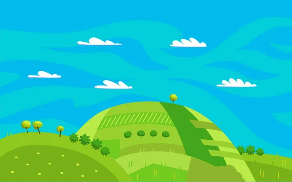 Panoramalandschaft Mit Grünen Hügeln Blauem Himmel Und Weißen Wolken Vektorillustration — Stockvektor