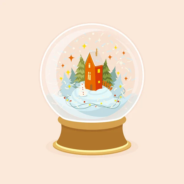 Ilustración Vectorial Bola Vidrio Con Caída Nieve Estrellas Muñeco Nieve — Vector de stock