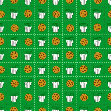 Süt ve kurabiye ile sevimli Noel seamless modeli. Doodle gıda arka planda vektör