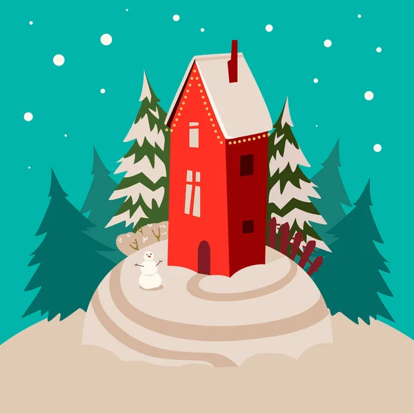 Winterurlaubskarte Vektor Illustration Mit Haus Schneemann Weihnachtsbäumen Auf Hügel — Stockvektor