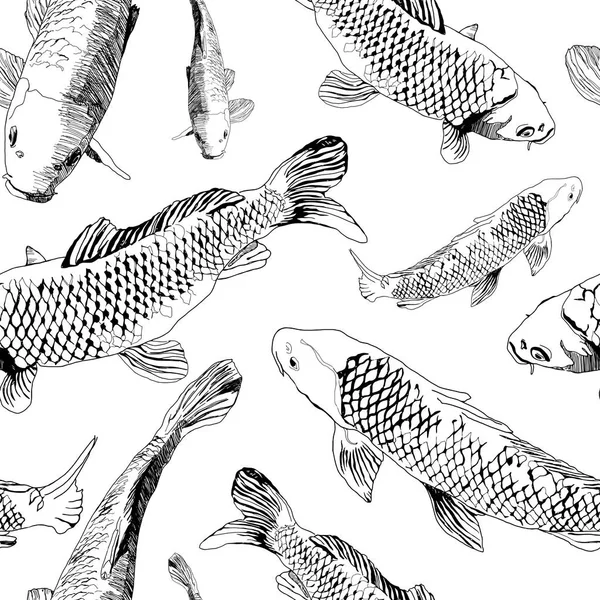 Přírodní Ručně Nakreslete Vzor Bezešvé Černá Kontura Kterou Ryby Izolované — Stockový vektor