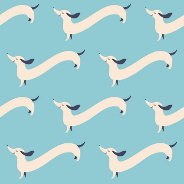 Vektör komik uzun Dachshund Köpek ile seamless modeli. Şirin arka planda karikatür tarzı. Tasarım öğesi-ebilmek var olmak kullanılmış için tebrik kartları, Davetiyeler, posterler, afişler, kaydırma dekorasyon