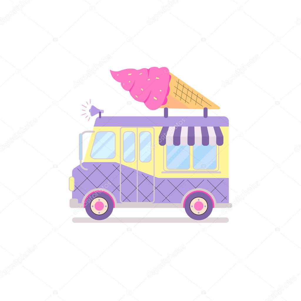 Cartoon bright truck and pink ice cream cone from above isolated on white background. Cute vector illustration in flat style. Doodle food concept for design t-shirt print, poster, icon, card, stickers