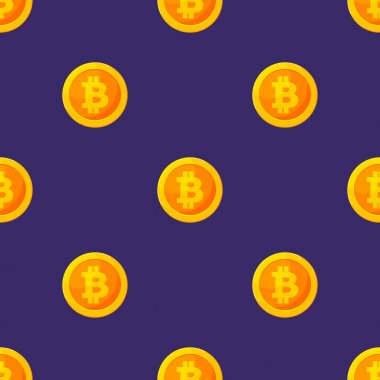 Bitcoin düz stil üzerinde mavi arka plan izole içinde altın simgesi. Vektör seamleess desen. Tasarım öğesi kullanılan finansal illüstrasyon, poster, promosyon, tekstil baskı, duvar kağıdı, ambalaj için
