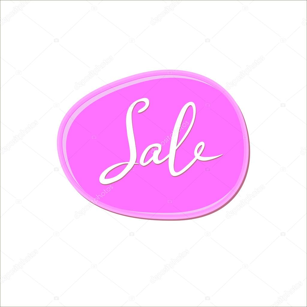 Abstract white sale sign over pink bubble gum blot on white background. Color paint drop. Nail polish splash. Cartoon vector illustration. Abstract water shape for banner, sticker, badge