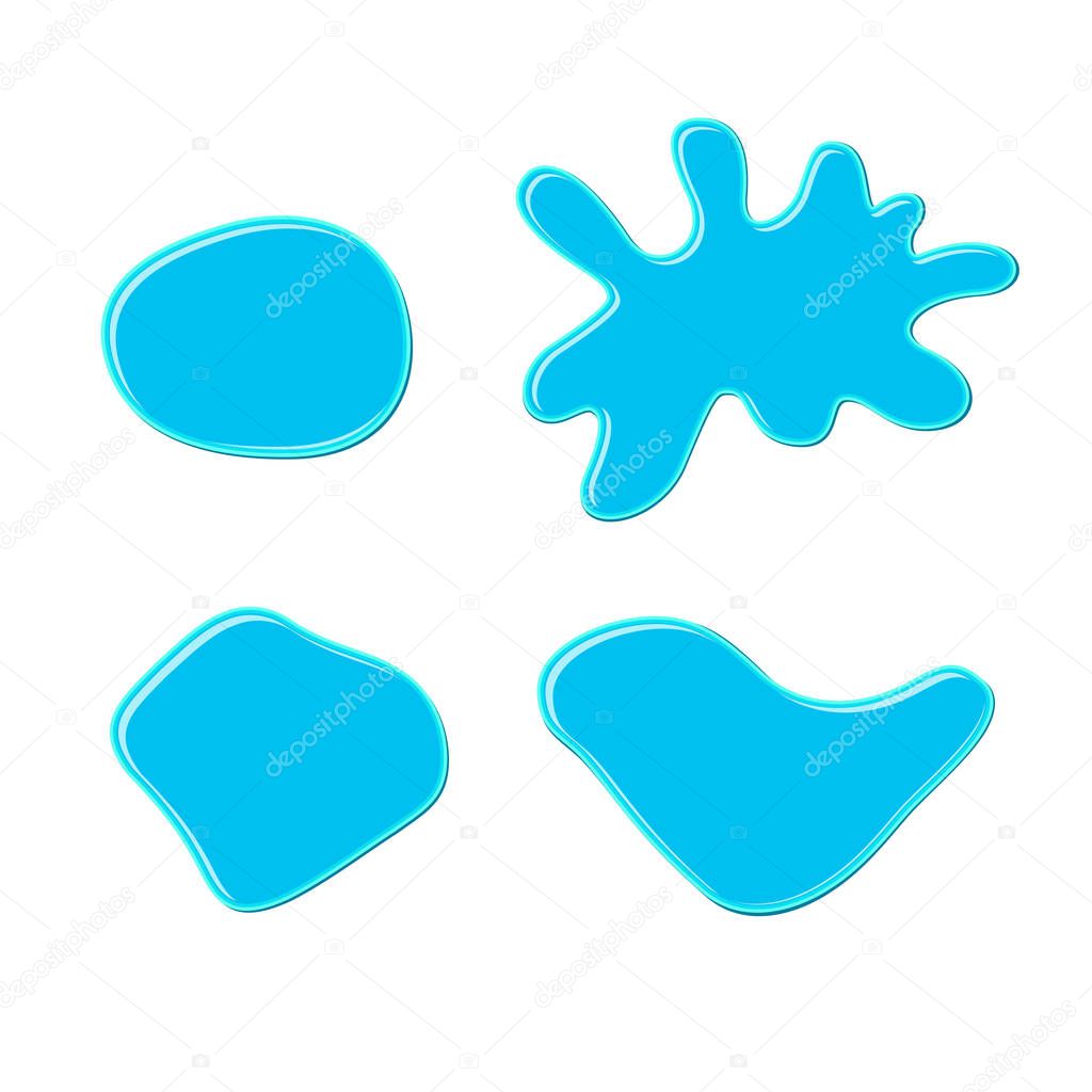 Set of blue bubble gum blots. Color paint drops. Nail polish splashes. Cartoon vector illustration. Abstract water shapes for banner, sticker, badge, sale