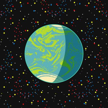 Earth - mavi küre karasal exo gezegende karanlık alan arka plan yıldız. Fütüristik çizgi film sahne. Çizgi roman tarzı resimde vektör uzayı. Evren kavramı poster