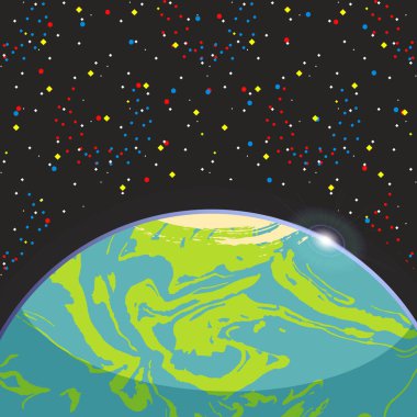 Earth - mavi küre karasal exo gezegende karanlık alan arka plan yıldız. Fütüristik çizgi film sahne. Çizgi roman tarzı resimde vektör uzayı. Evren kavramı poster