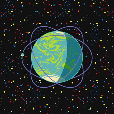 Earth - mavi karasal exo gezegen ve uydu karanlık alan yıldızlar arka plan üzerinde. Fütüristik çizgi film sahne. Çizgi roman tarzı resimde vektör uzayı. Evren kavramı poster